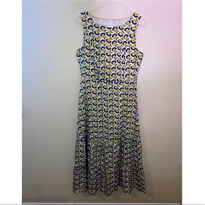 Boden Midi Sleeveless Dress Cotton Floral Blue Yellow Flounce Size 8R Spring